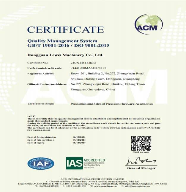 ISO 9001:2015 certificate for Dongguan Lewei Machinery.