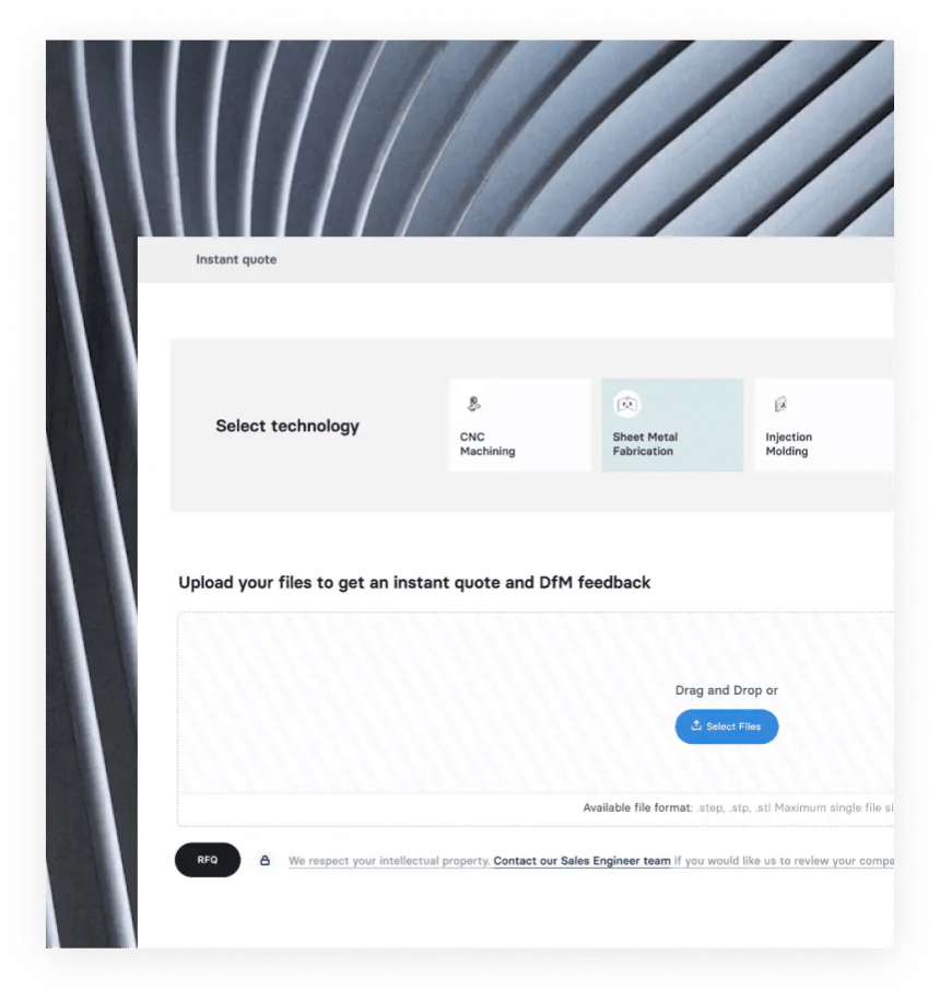 Instant quote page with file upload option.