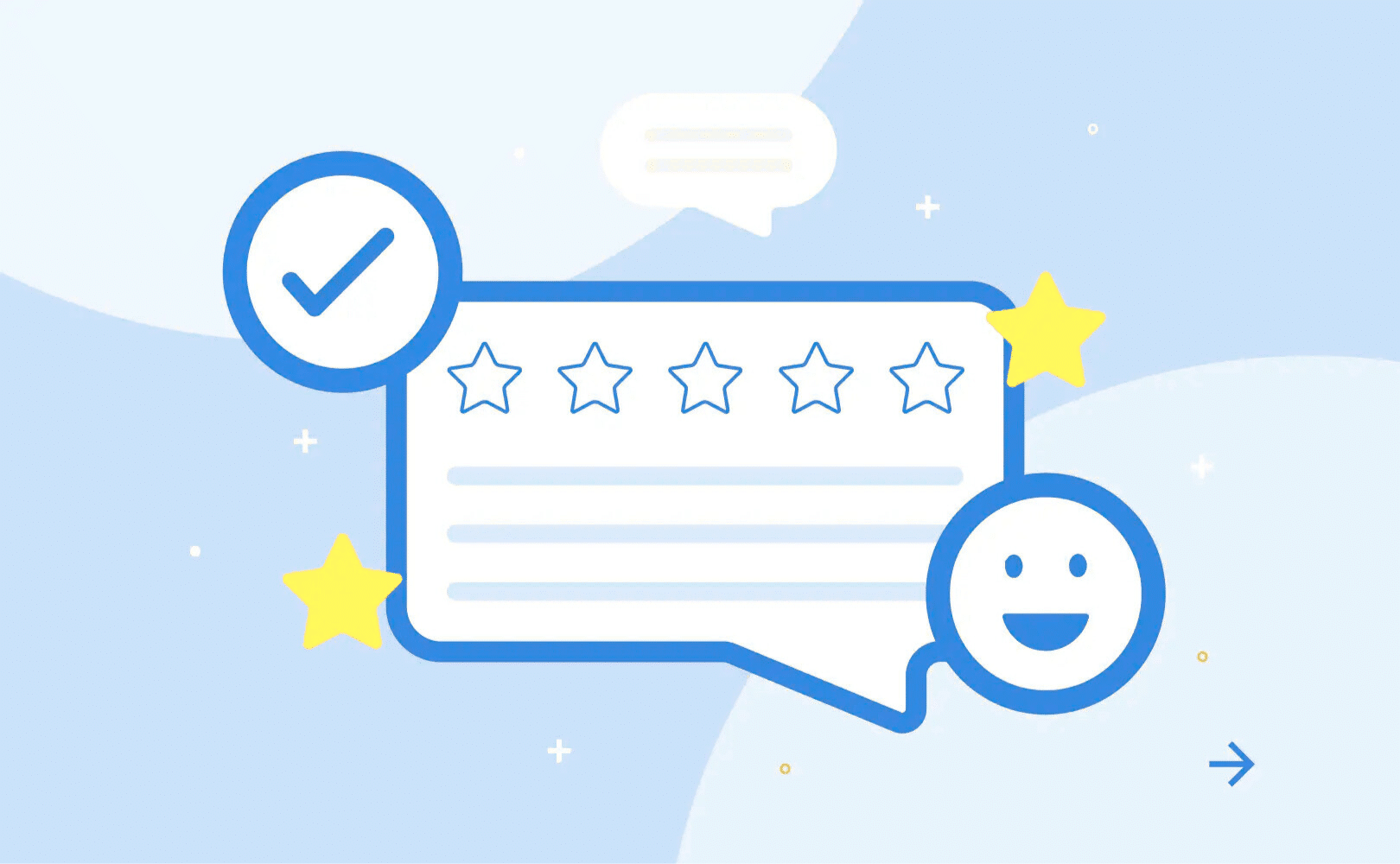 Five-star review with happy face illustration.