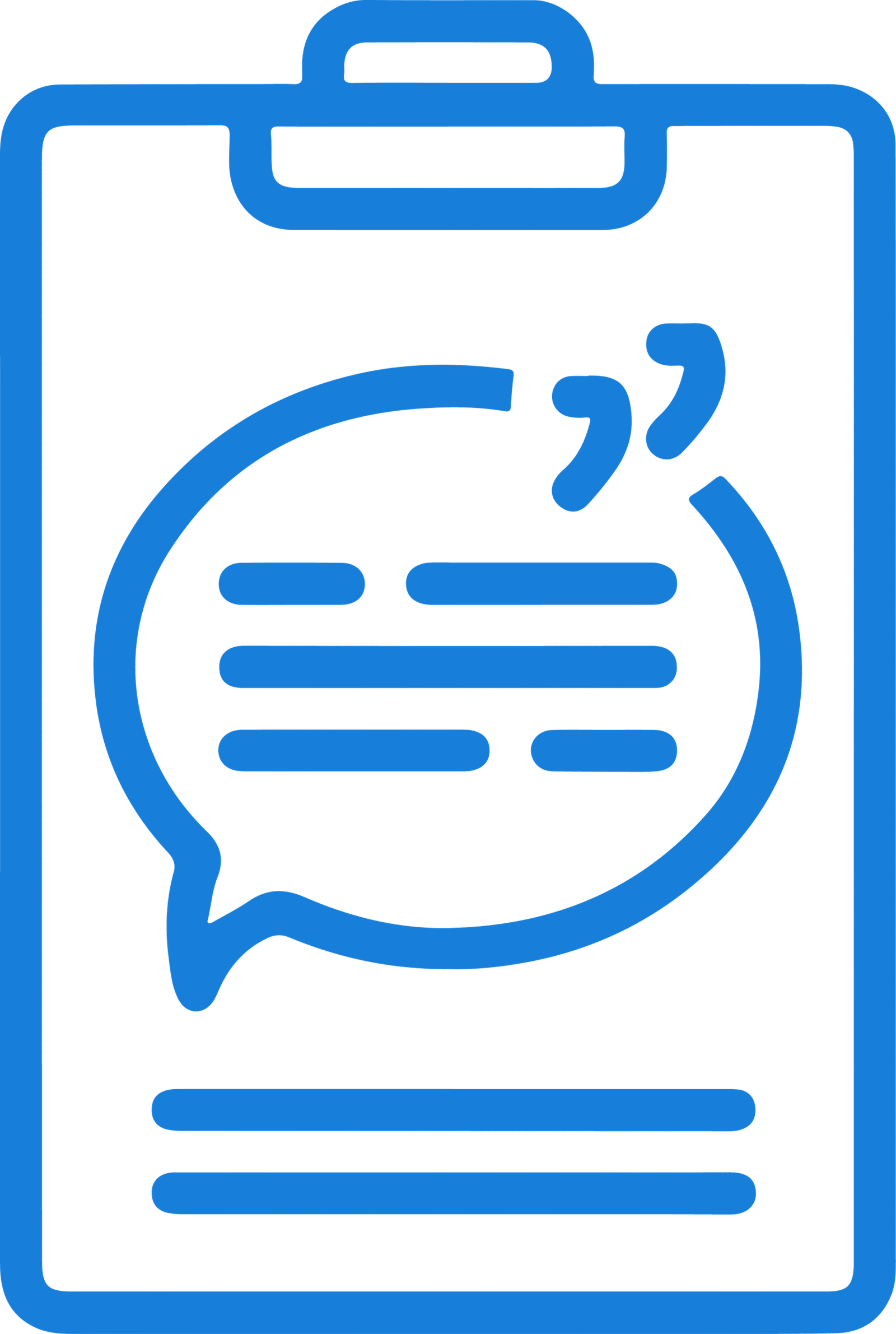 Blue clipboard with a speech bubble icon.